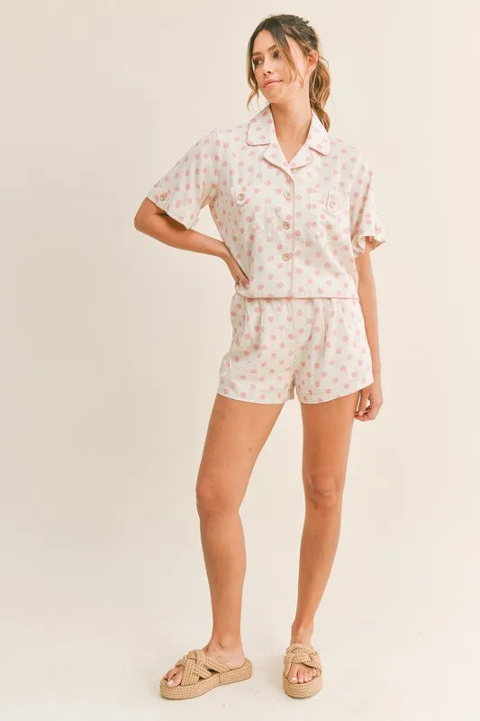 Polka Dot Collar Crop Top & Shorts Set in Pink