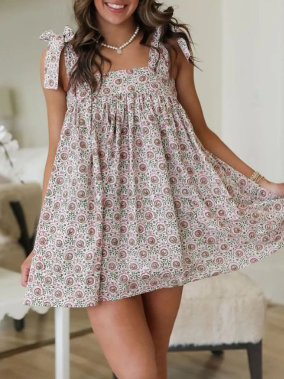 Printed Square Neck Tie-Shoulder Mini Dress by Mystique Q