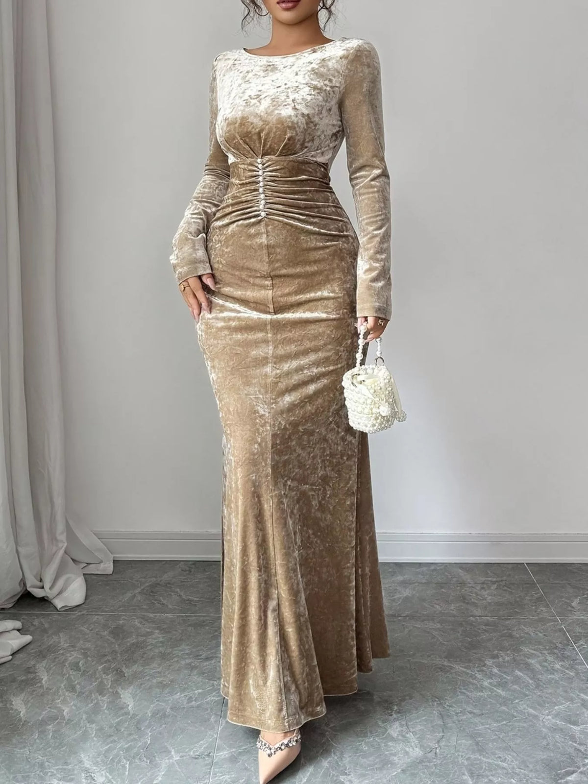 Velvet Ruched Bodycon Maxi Dress in Khaki