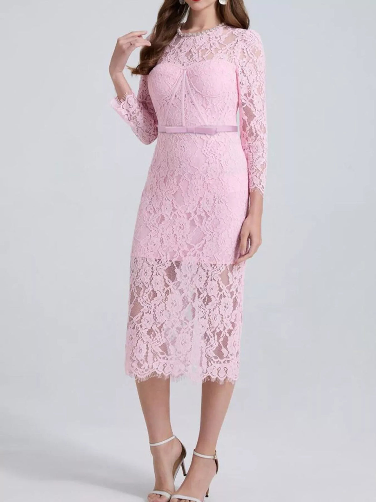 Lace Midi Dress with Long Sleeves and Slit