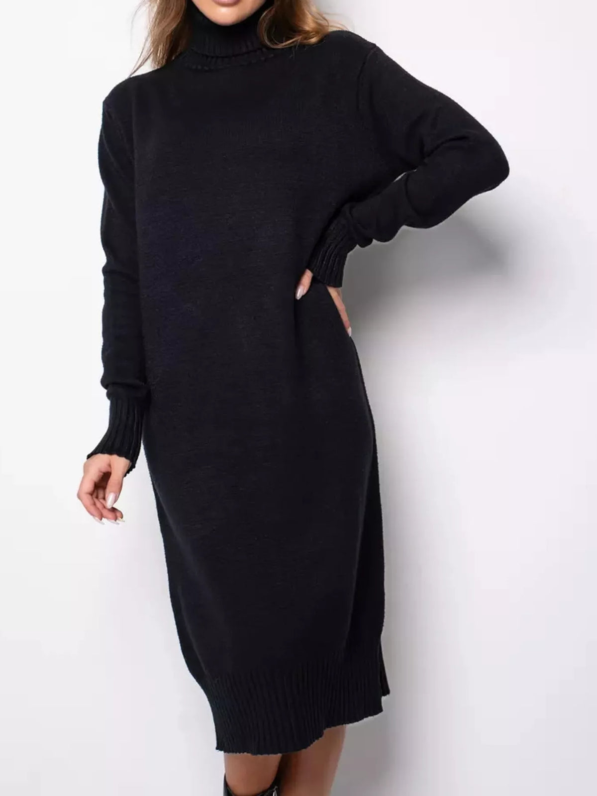 Relaxed Fit Turtleneck Ribbed Knit Sweater Dress