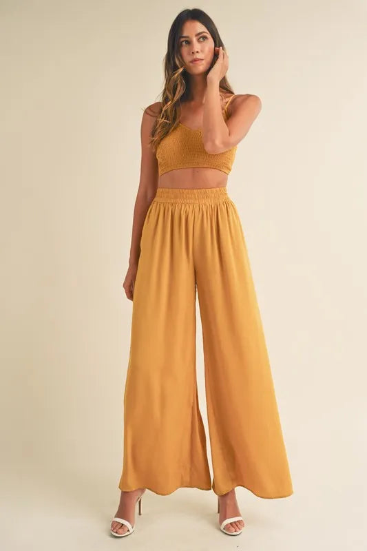 Smocked Bralette Crop Top & Wide Leg Pants Set in Gold Mustard