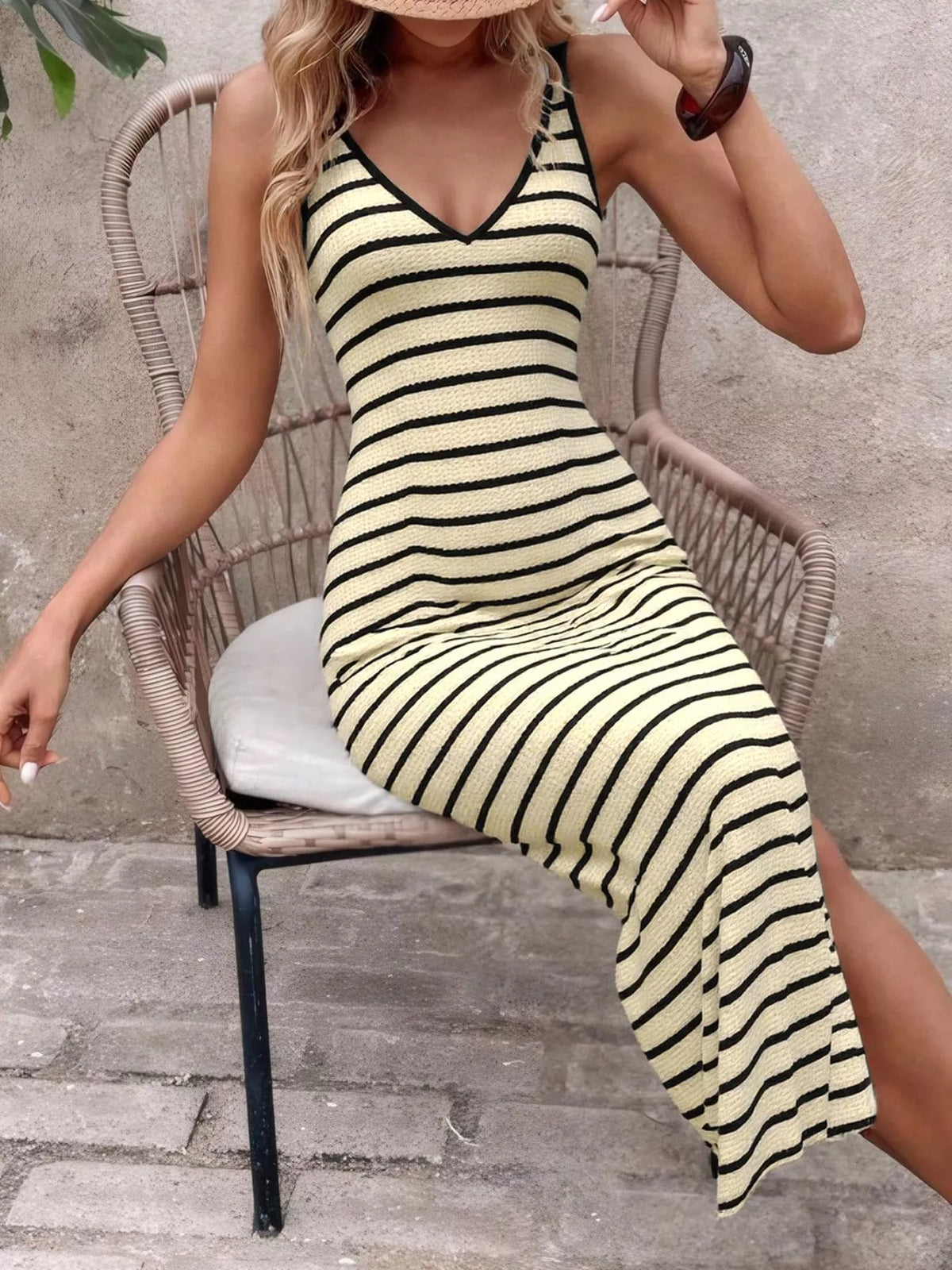 Striped Ribbed Bodycon Midi Dress