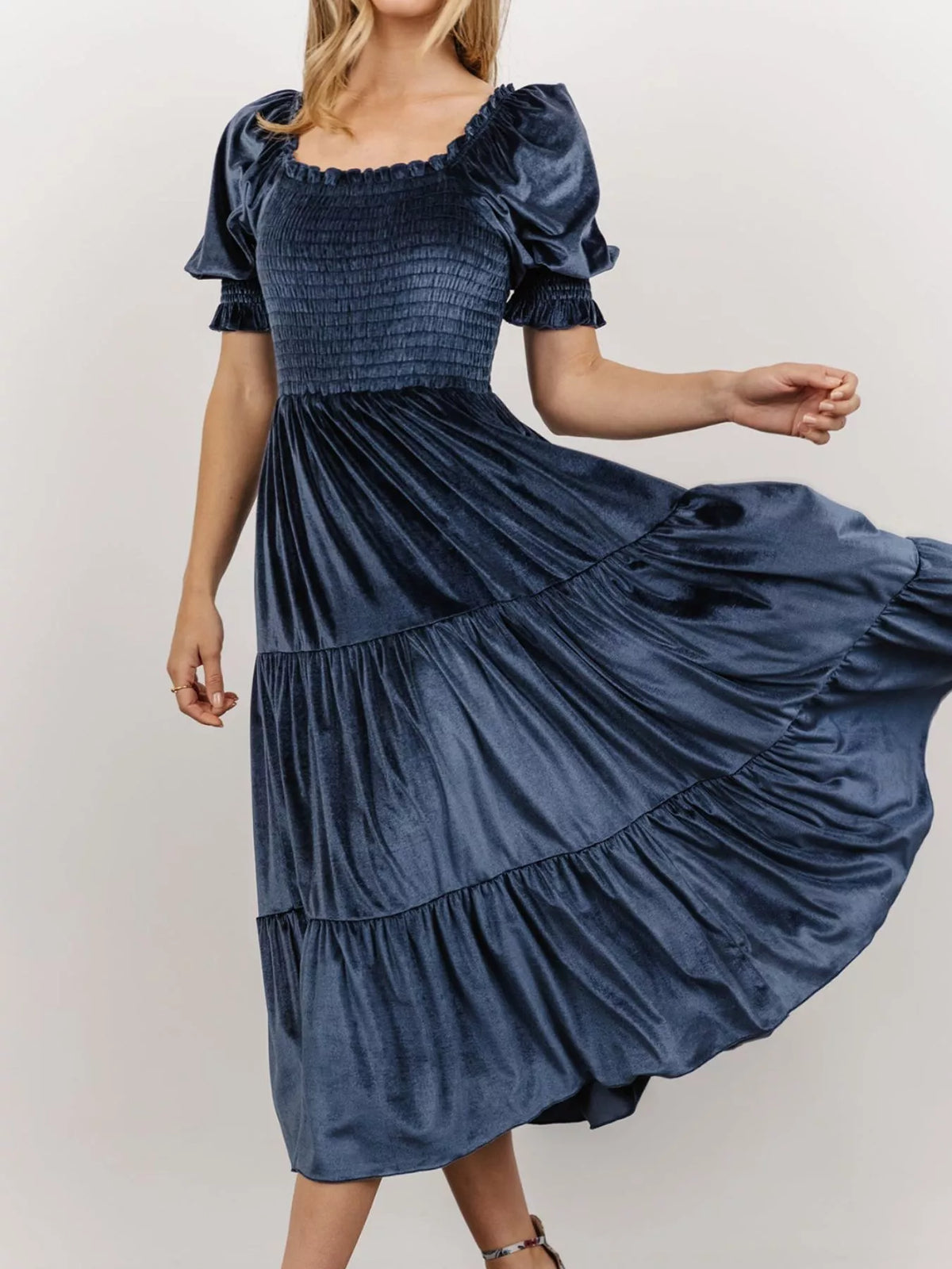 Smocked Tiered Velvet Midi Dress