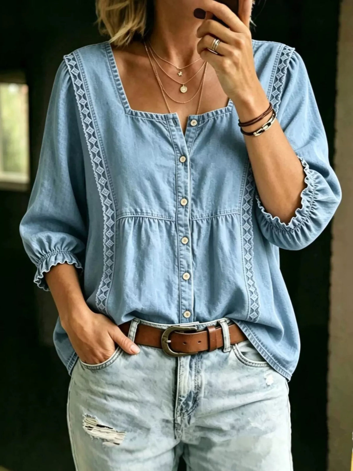 Square Neck Button-Down Denim Shirt