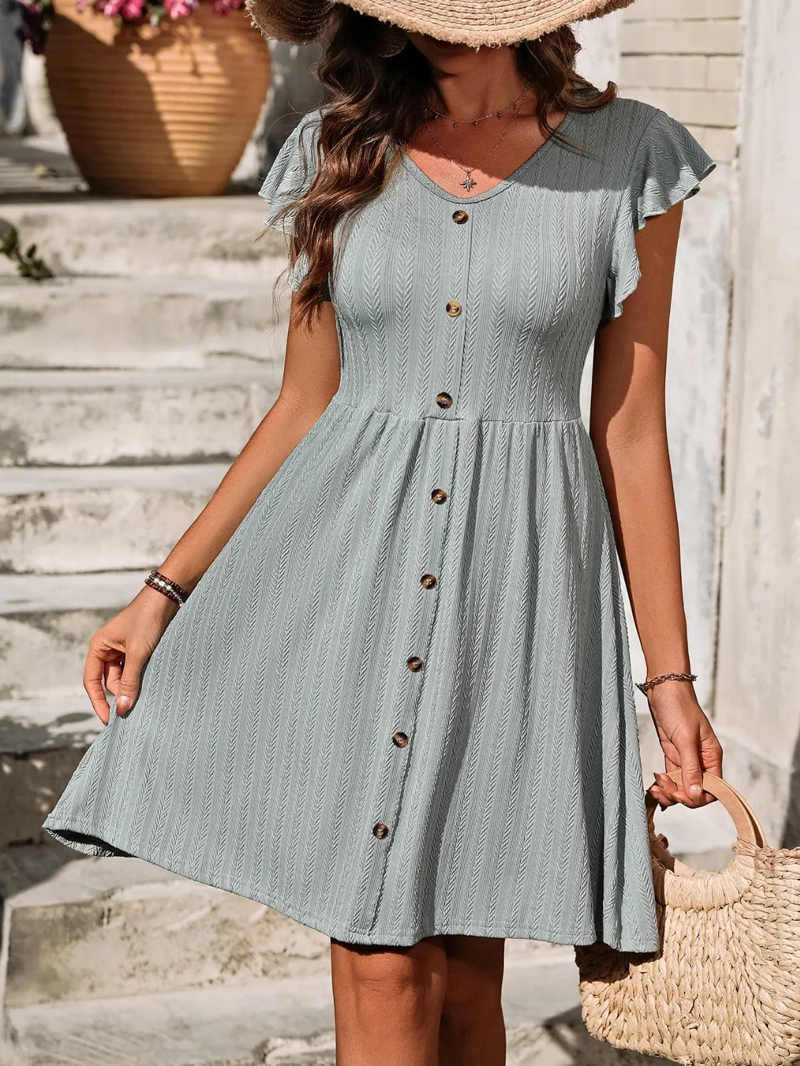 V-Neck Ruffled Cap Sleeve Dress