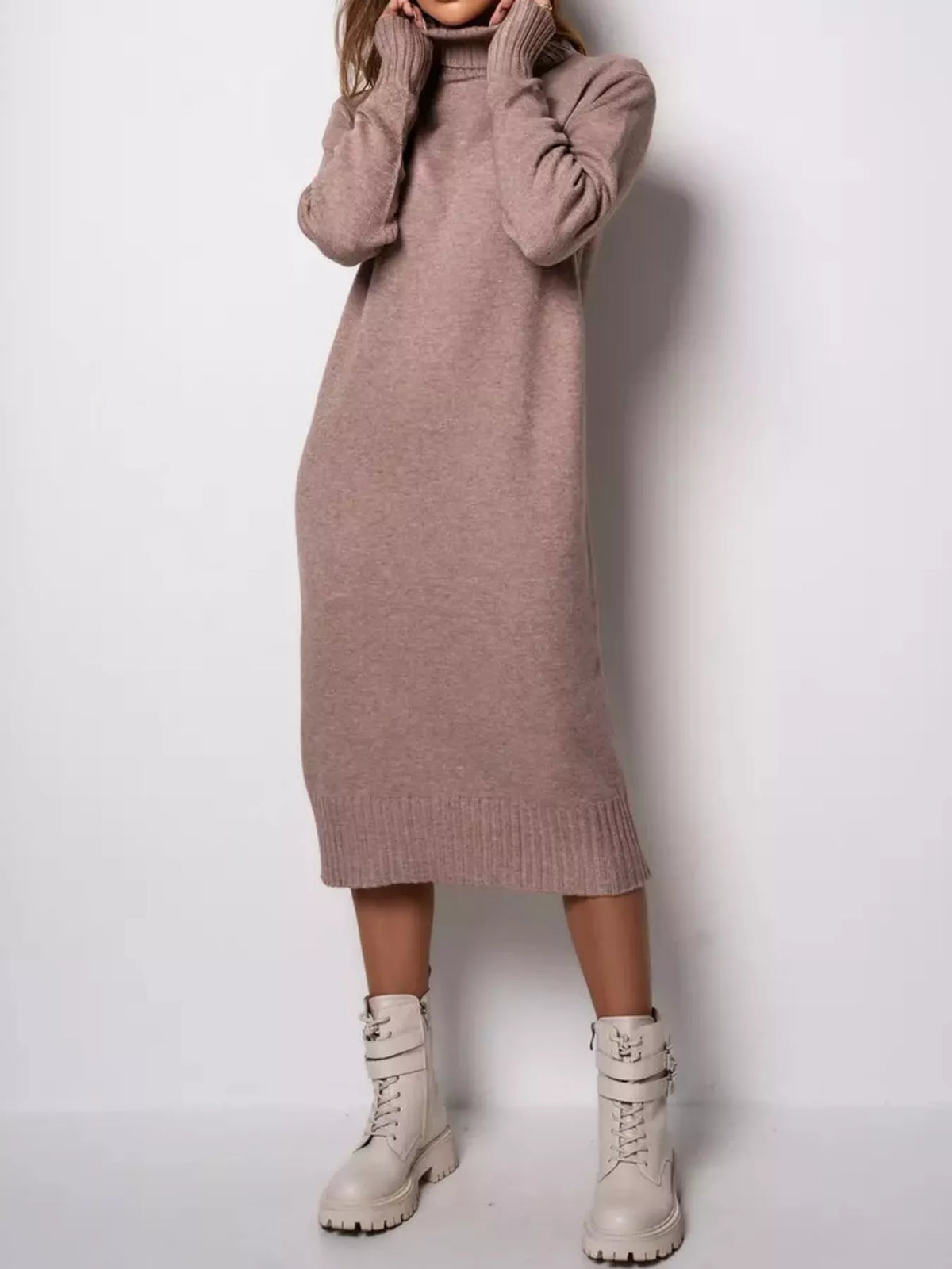 Relaxed Fit Turtleneck Ribbed Knit Sweater Dress