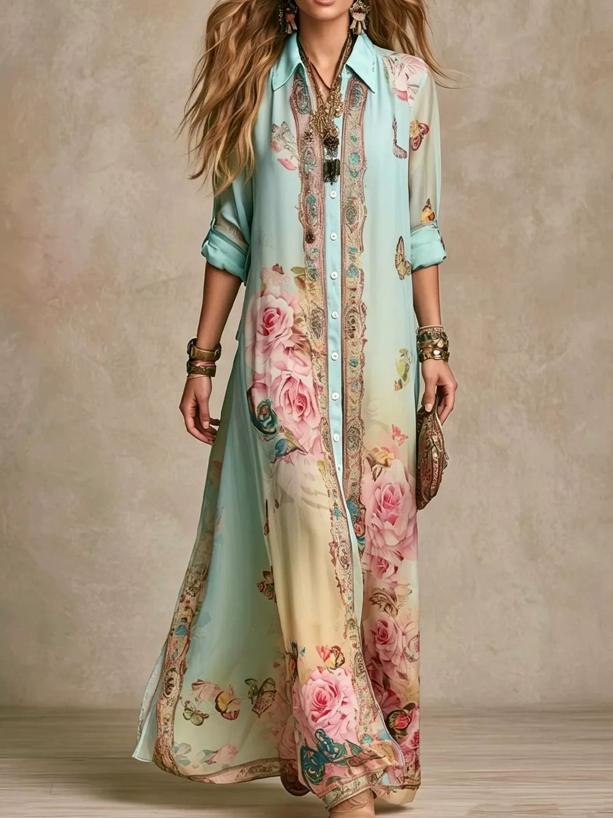Floral Button-Down Maxi Shirt Dress in Green by Kaelinne