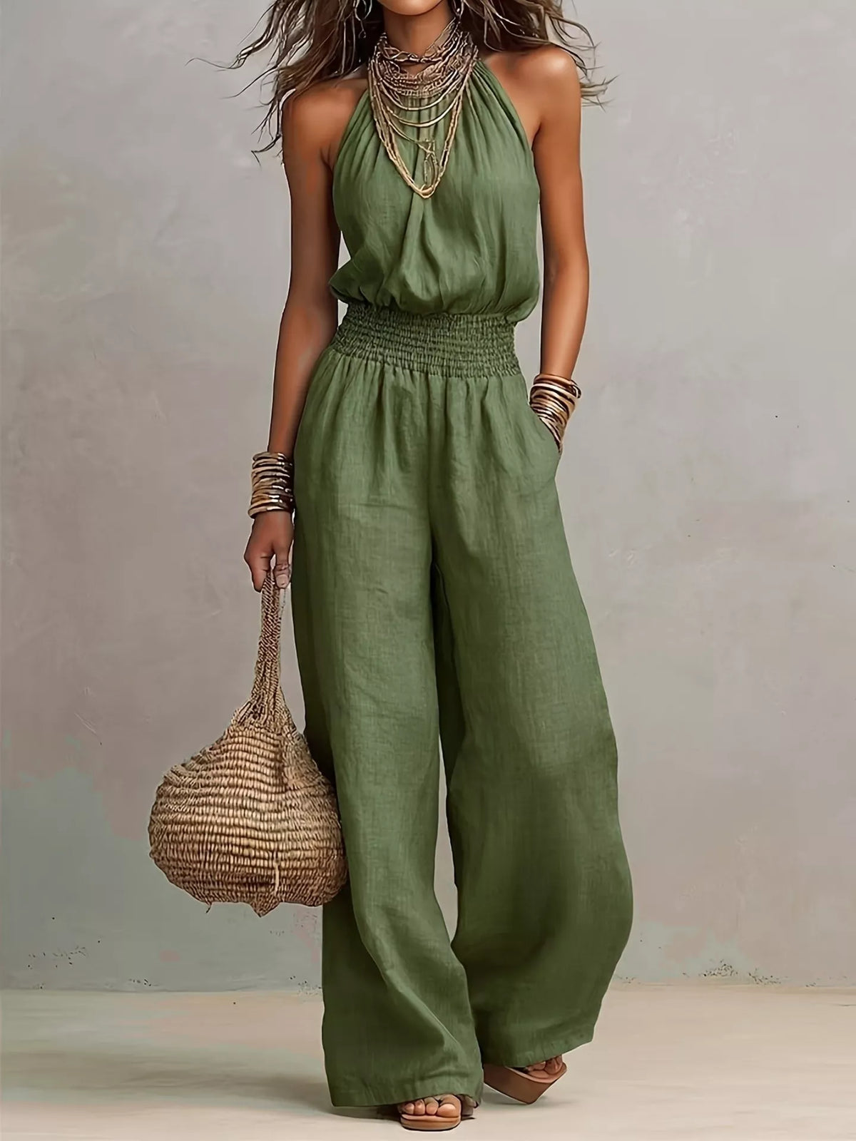 Halter Neck Smocked Wide-Leg Jumpsuit