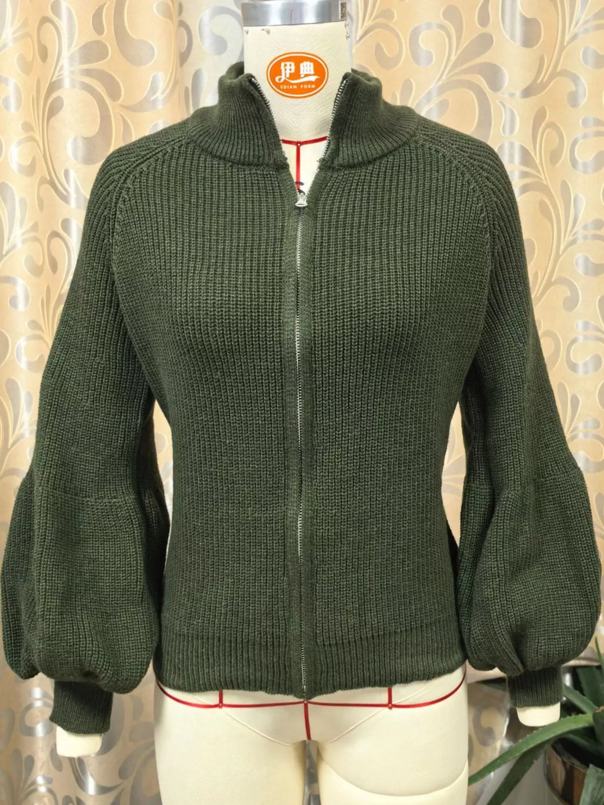 Ribbed Knit Zip-Up Cardigan with Lantern Sleeves