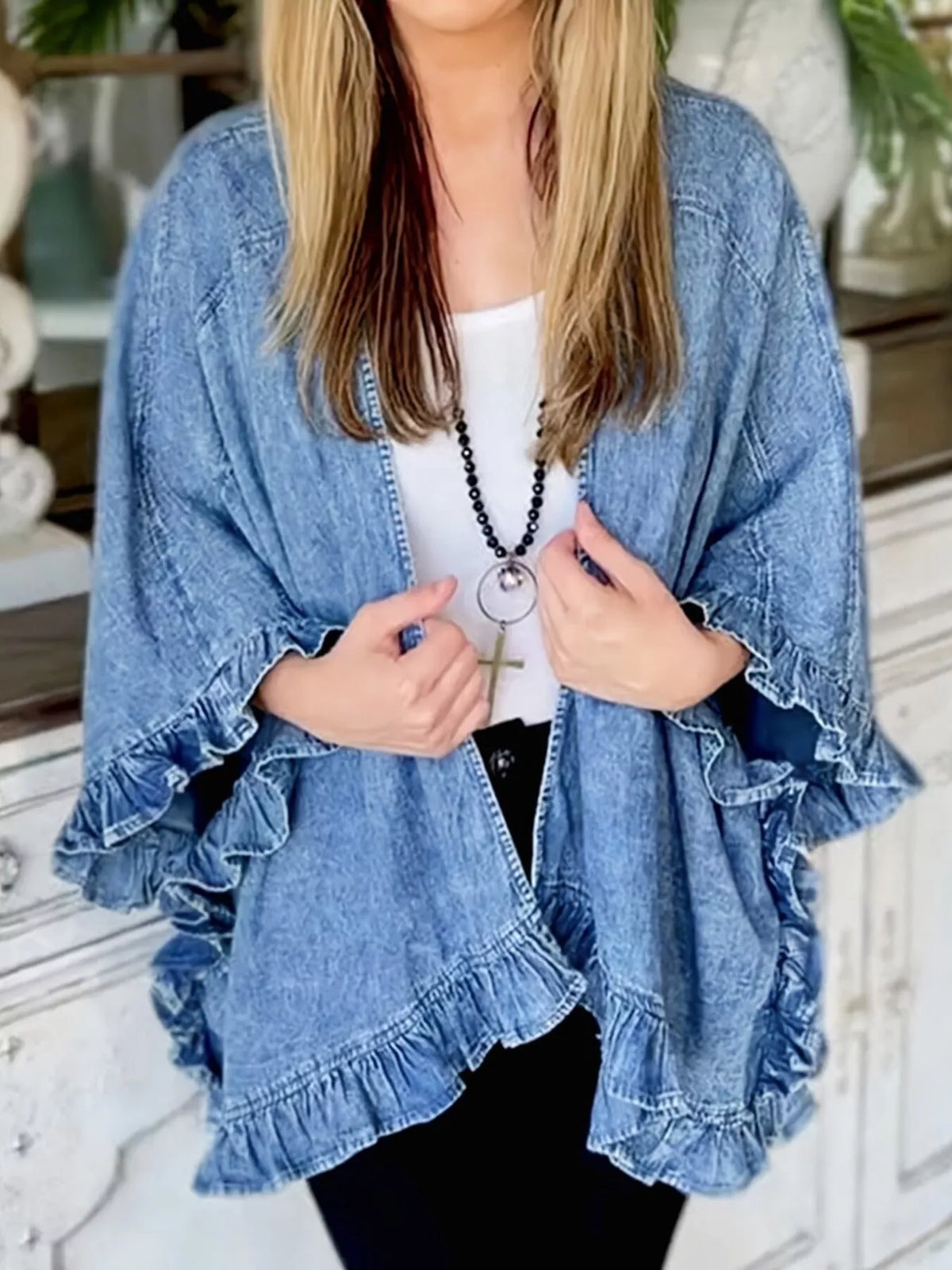 Ruffled Edge Denim Jacket in Royal Blue by Invera
