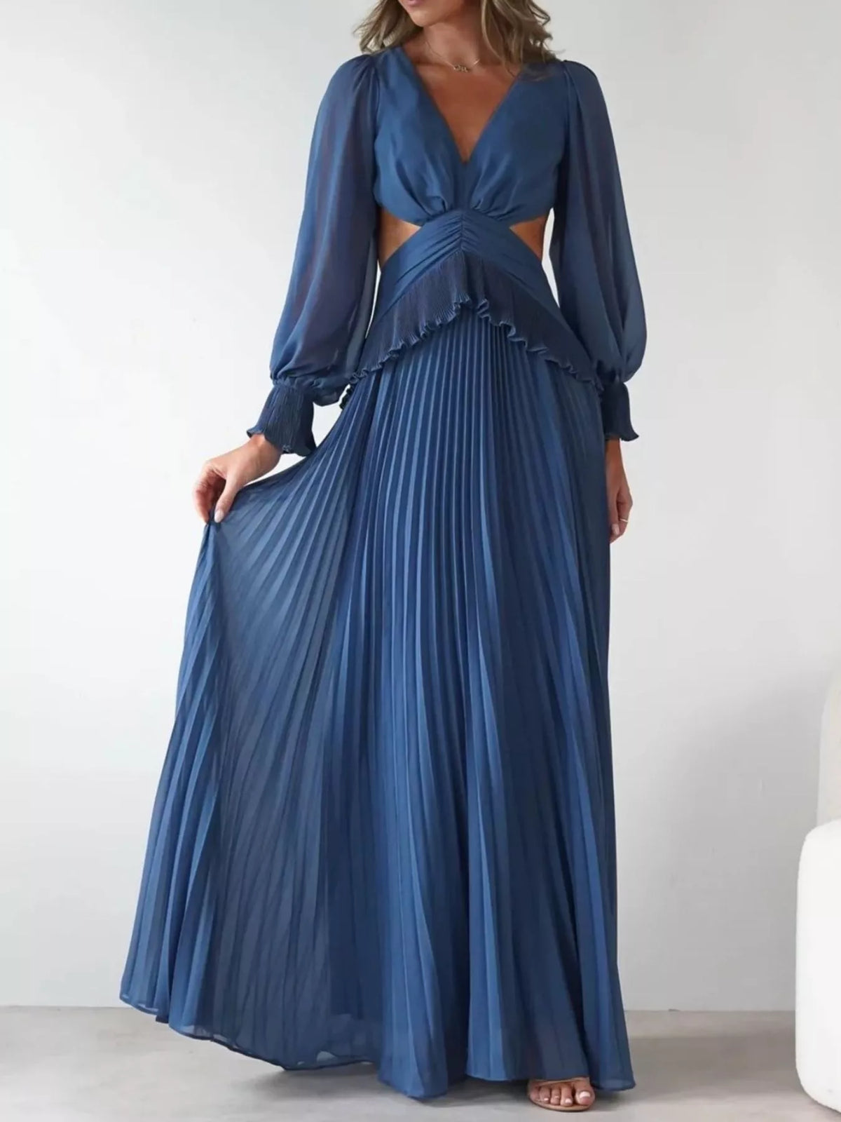 Backless Pleated Maxi Dress in Blue