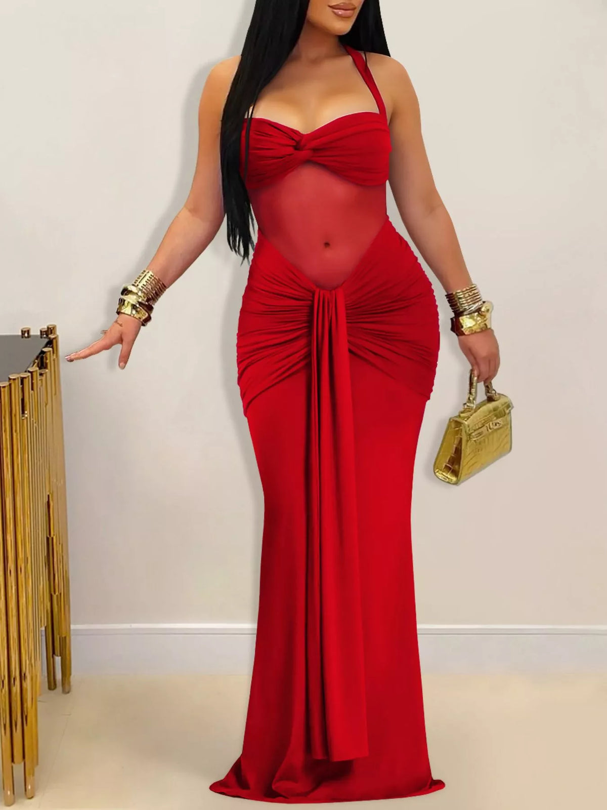 Twisted Front Ruched Bodycon Maxi Dress