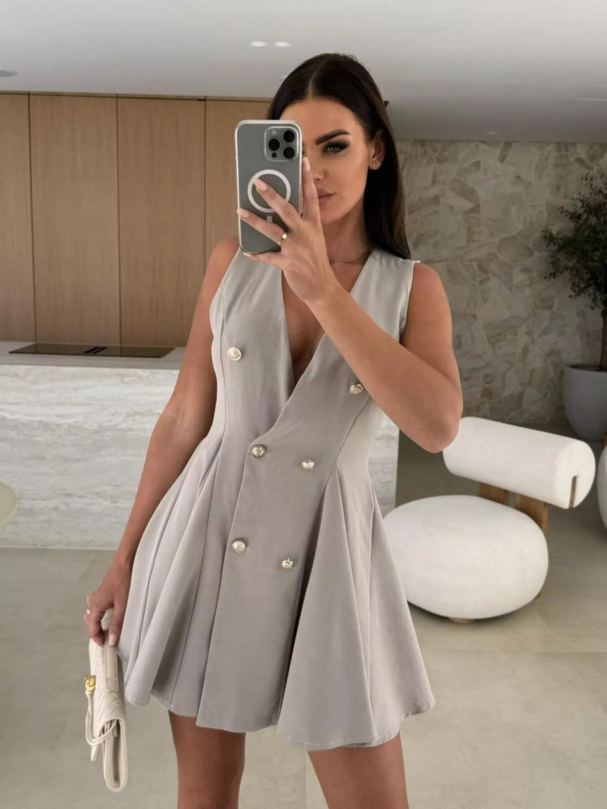 Double-Breasted V-Neck Pleated Mini Dress