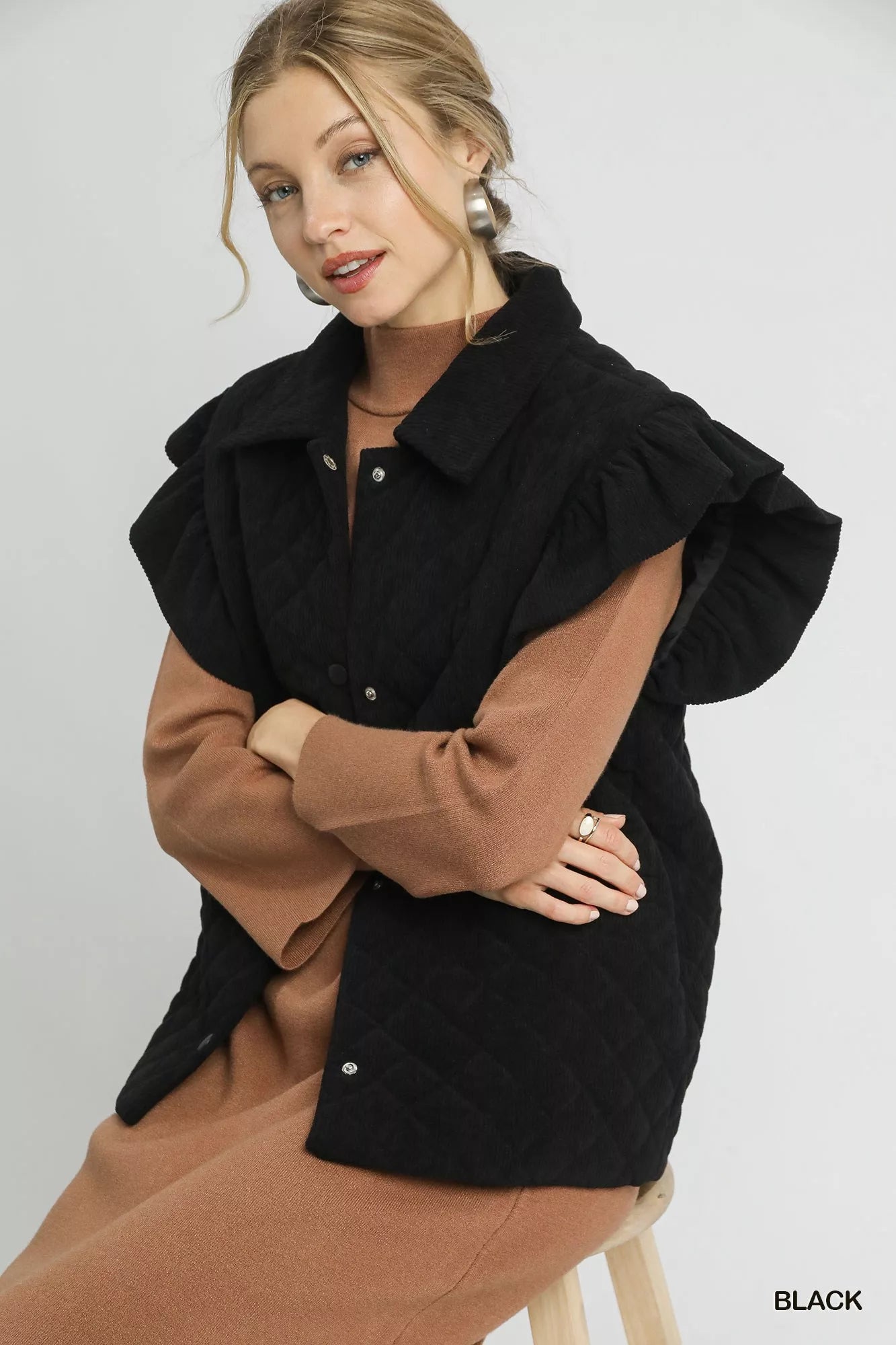 Umgee Corduroy Ruffle Sleeve Vest in Black