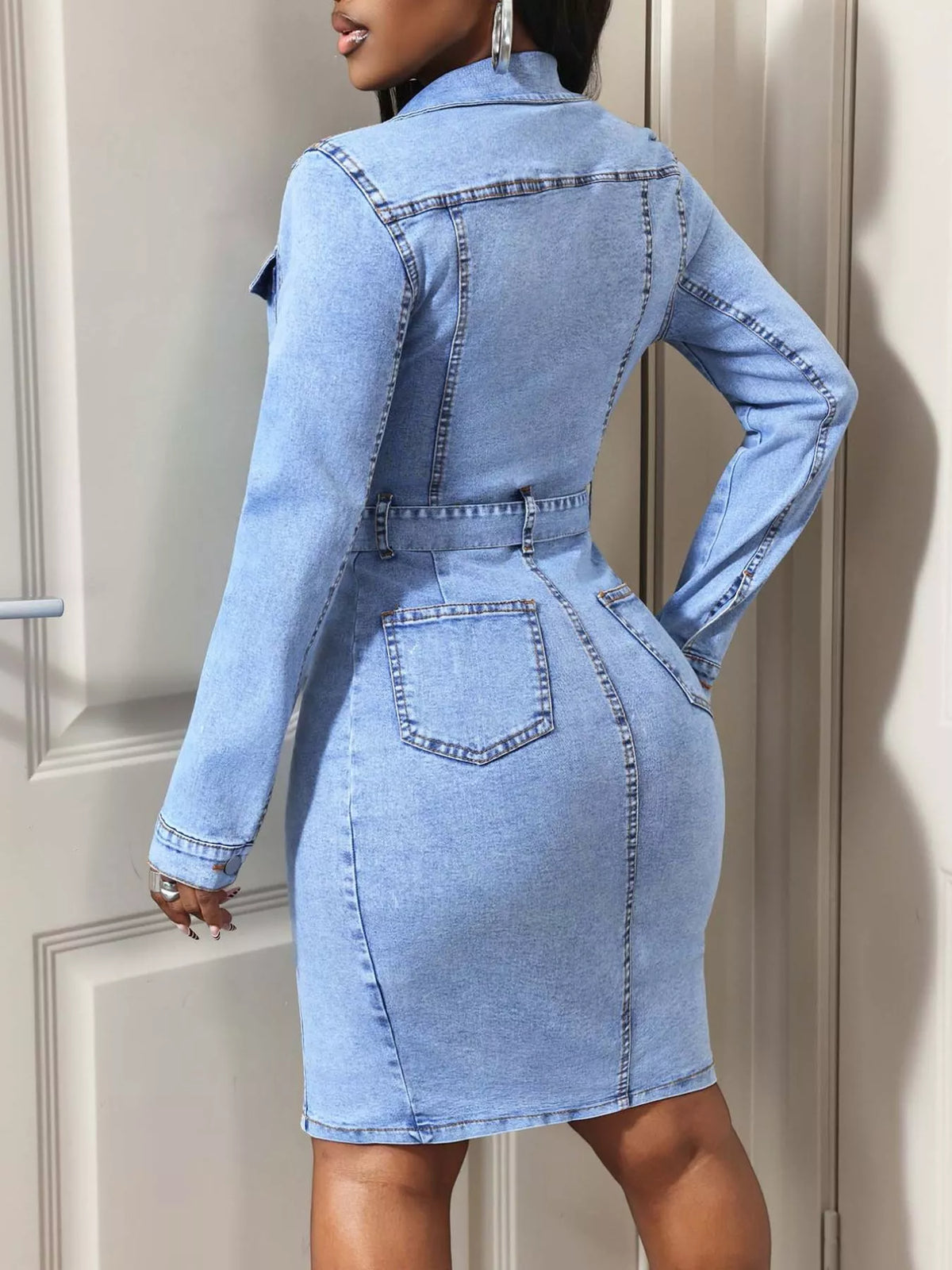 Button-Down Tie Waist Denim Dress in Blue