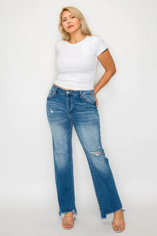 Raw Hem Distressed Mid Rise Straight Jeans in Medium Wash