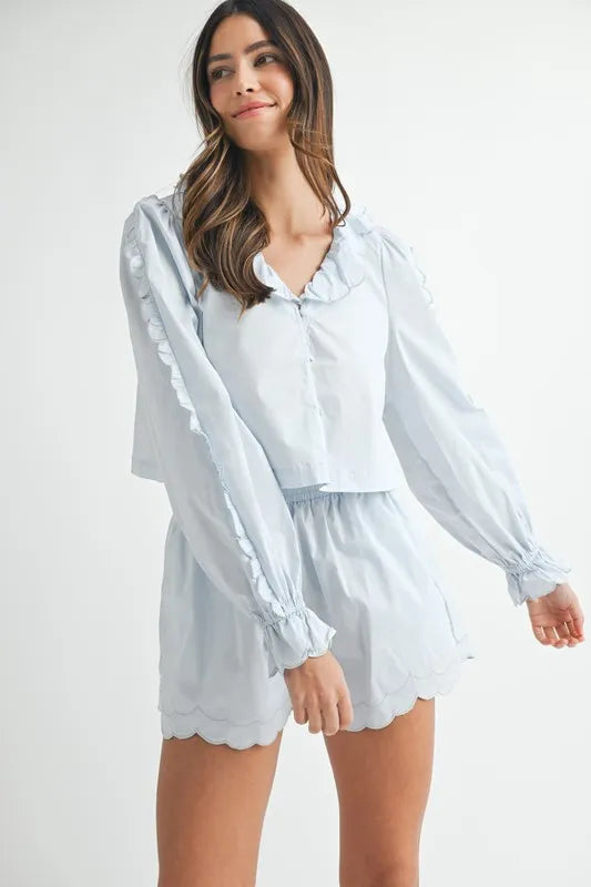 Scallop Trim Blouse and Shorts Set in Light Blue in Lt Blue