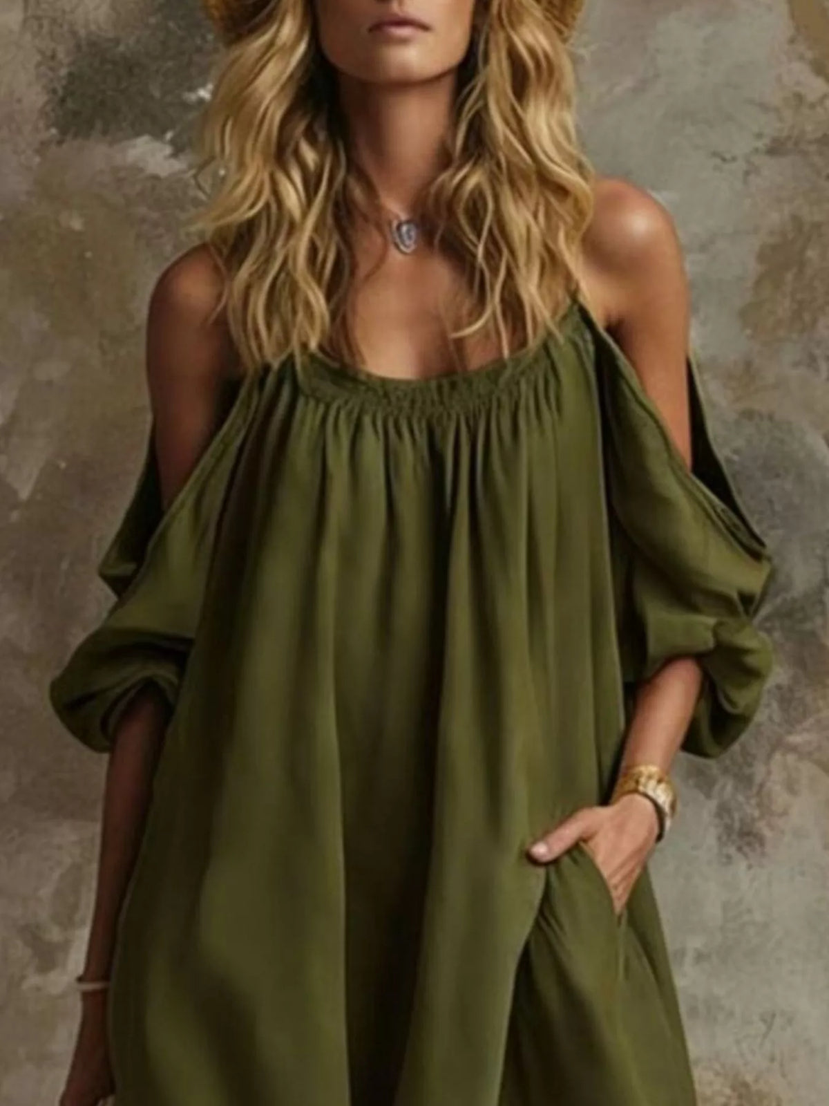 Cold-Shoulder Pocketed Maxi Dress