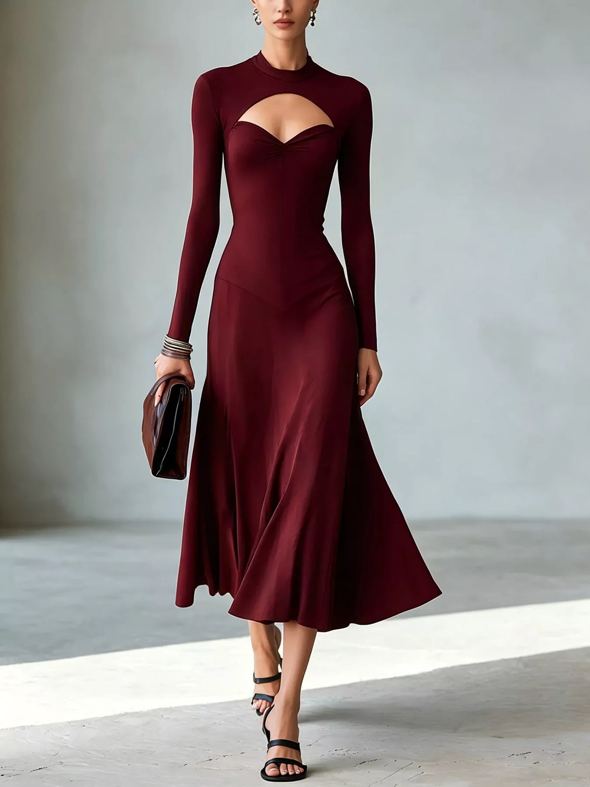 Mock Neck Cut-Out Long Sleeve Midi Dress