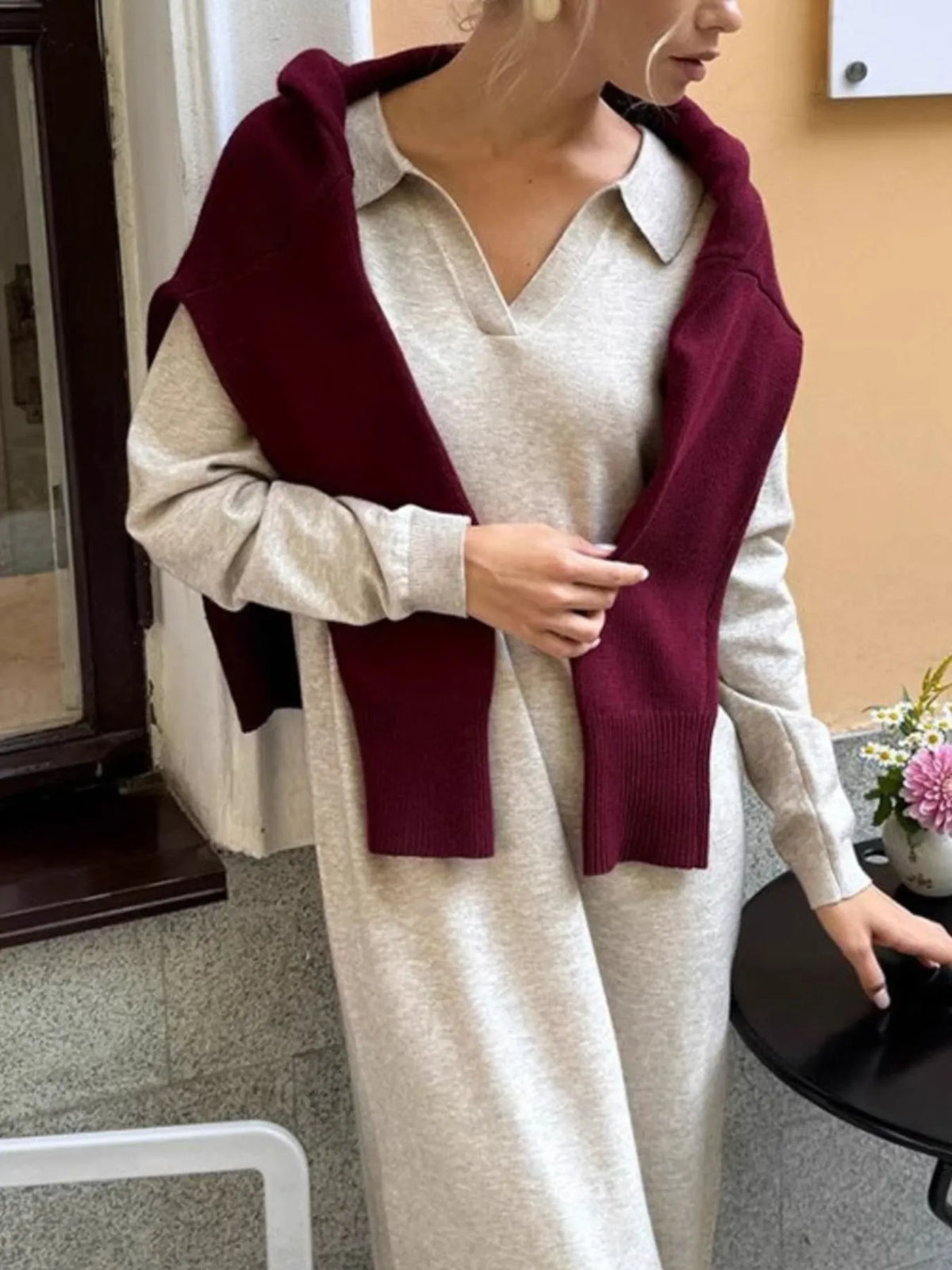 Collared Long Sleeve Knit Dress with Buttons