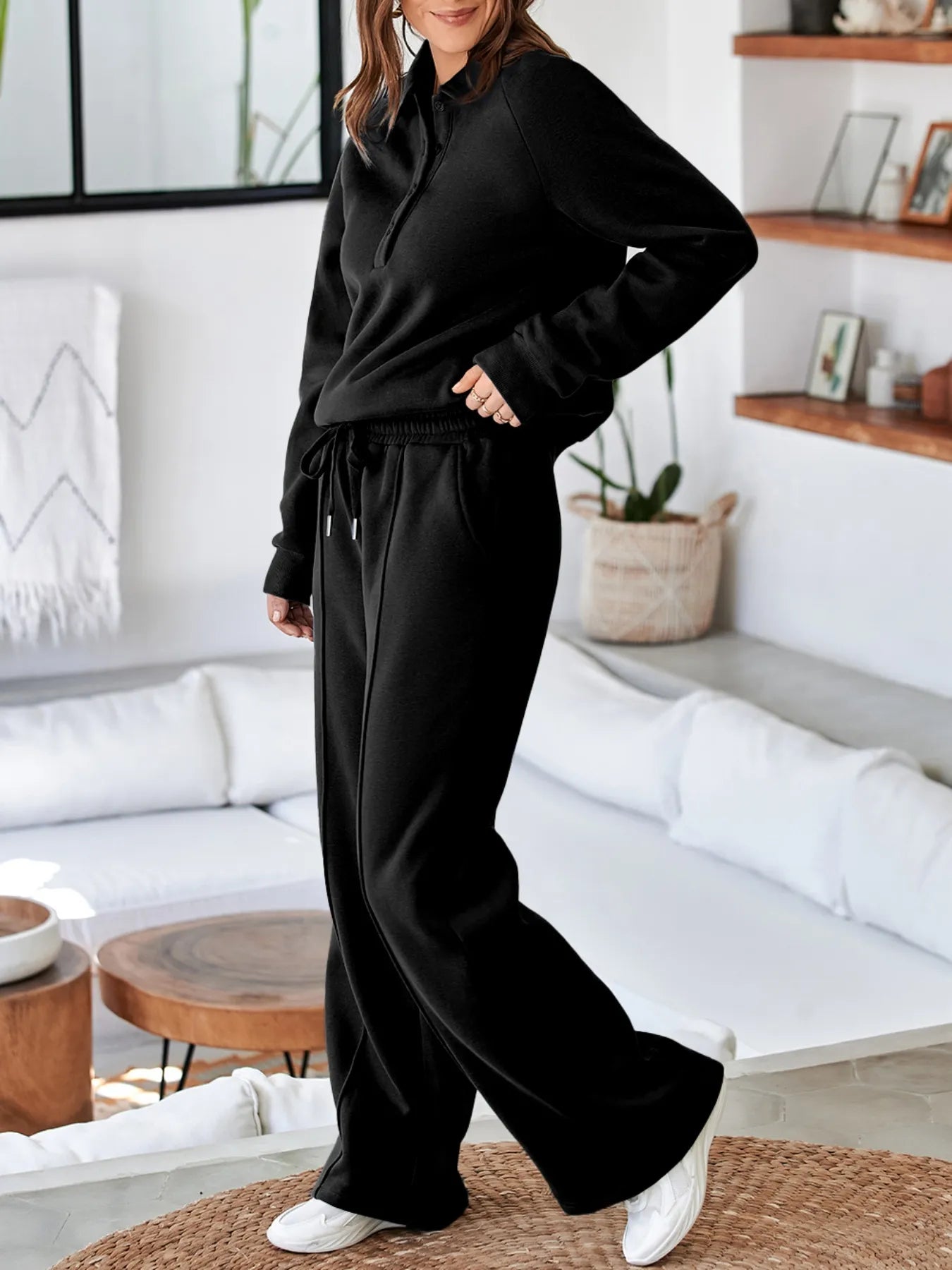 Collared Sweatshirt and High-Waist Pants Active Set