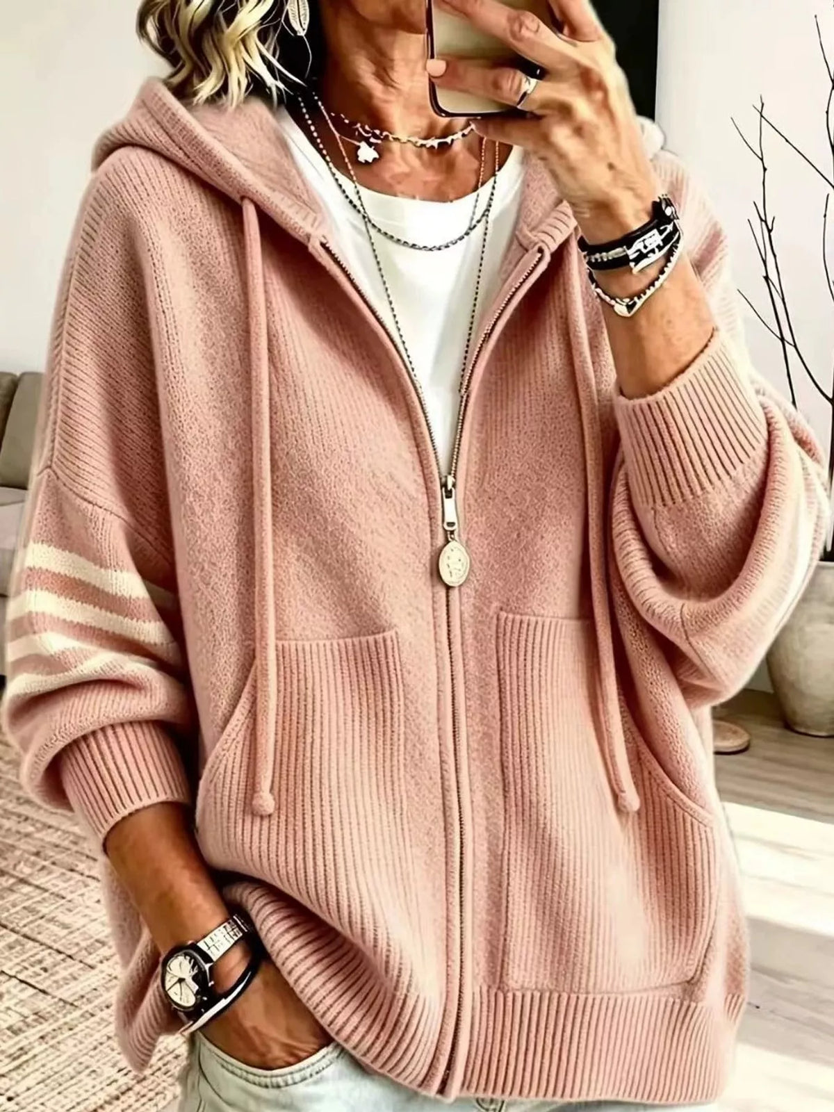 Hooded Zip-Up Knit Cardigan