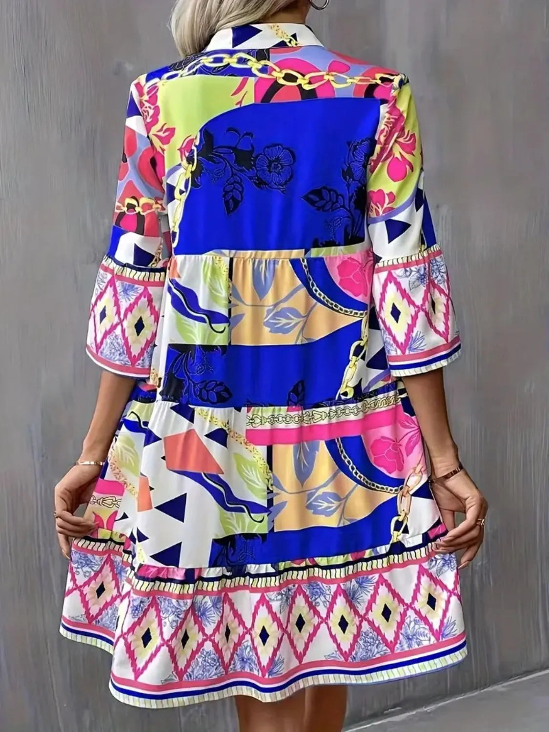 Printed Notched 3/4 Sleeve Tiered Dress in Royal Blue