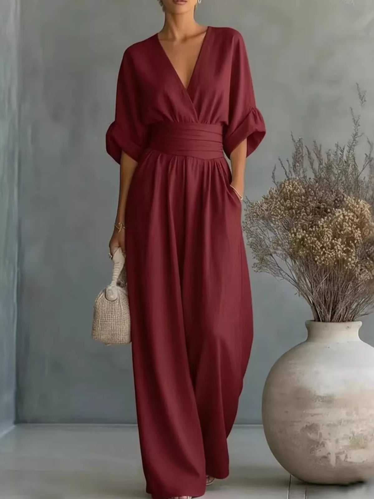 Ruched Half Sleeve Wide-Leg Jumpsuit