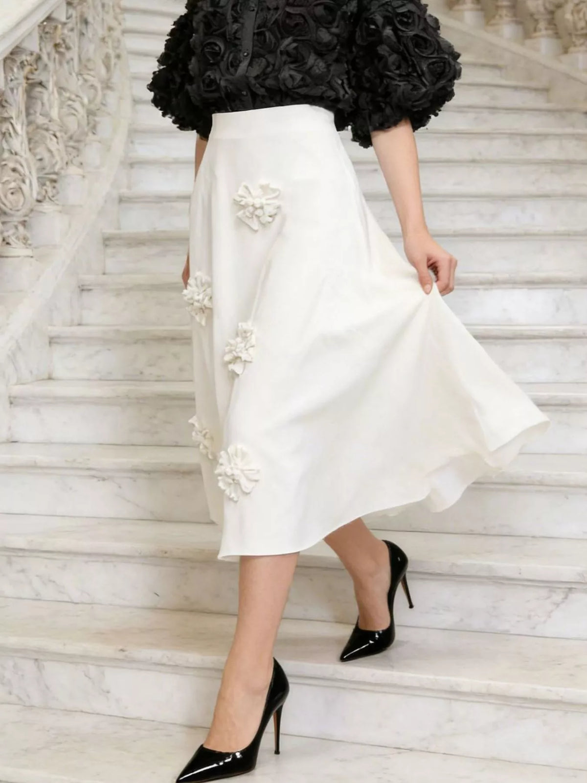 Floral Embellished Midi Skirt in White