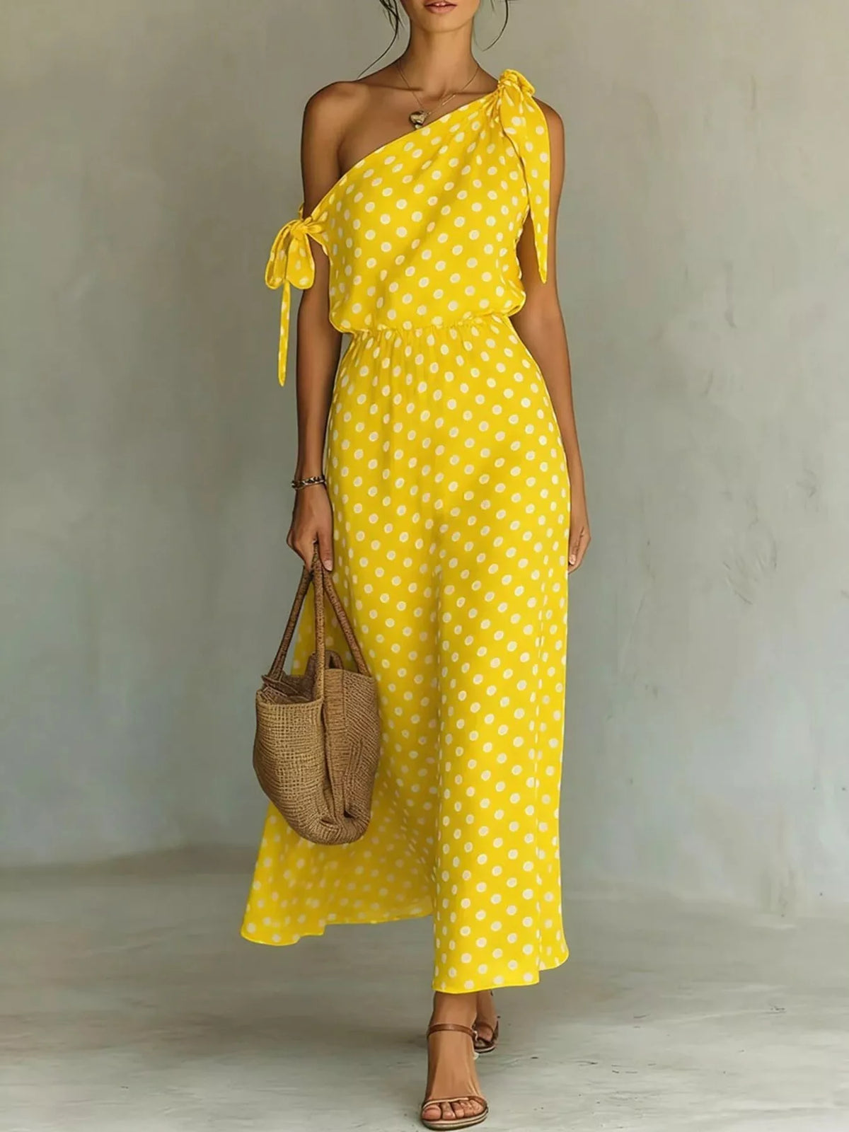 Polka Dot One-Shoulder Maxi Dress with Tie Detail