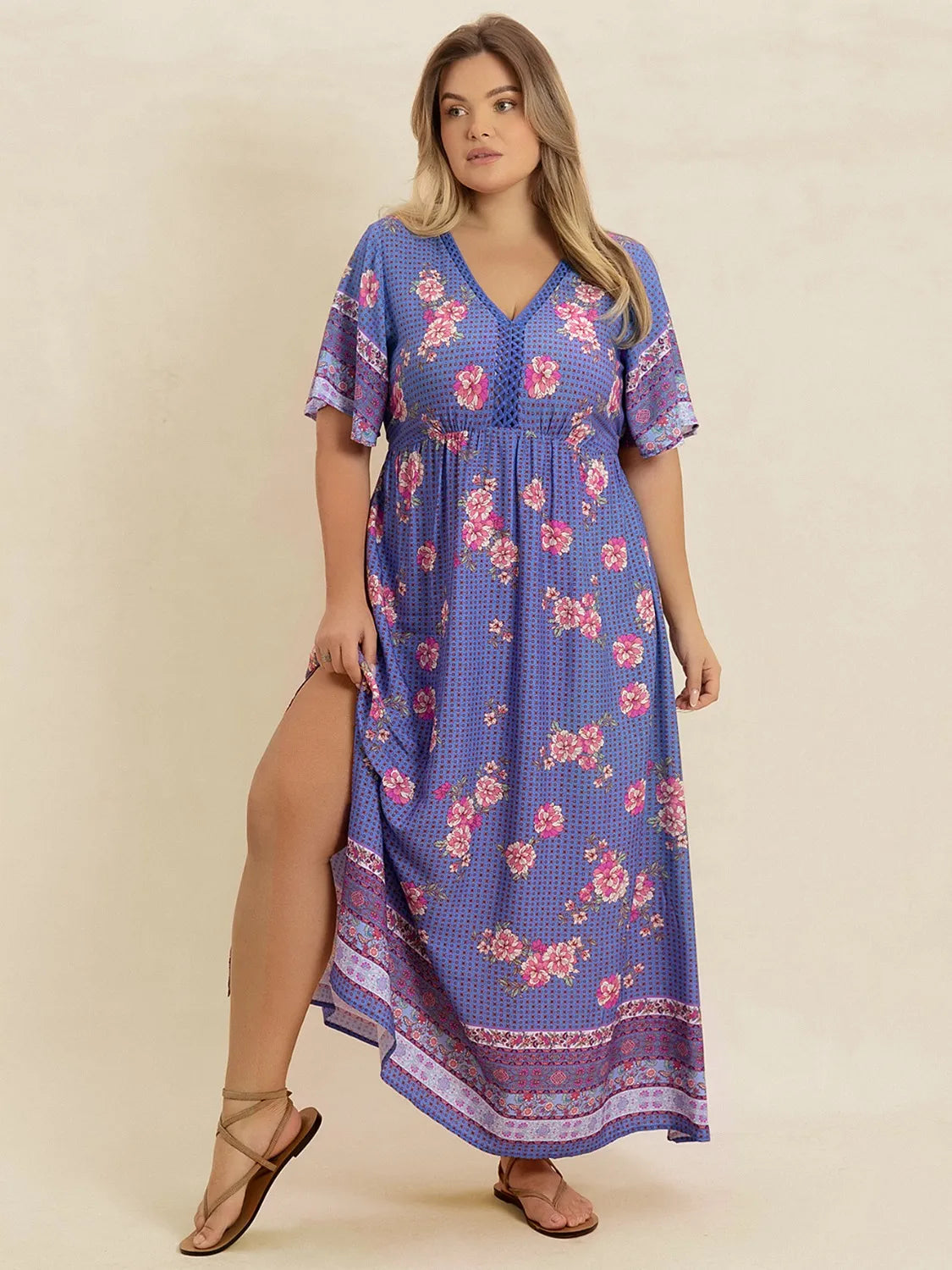 V-Neck Flutter Sleeve Dress in Blue Purple