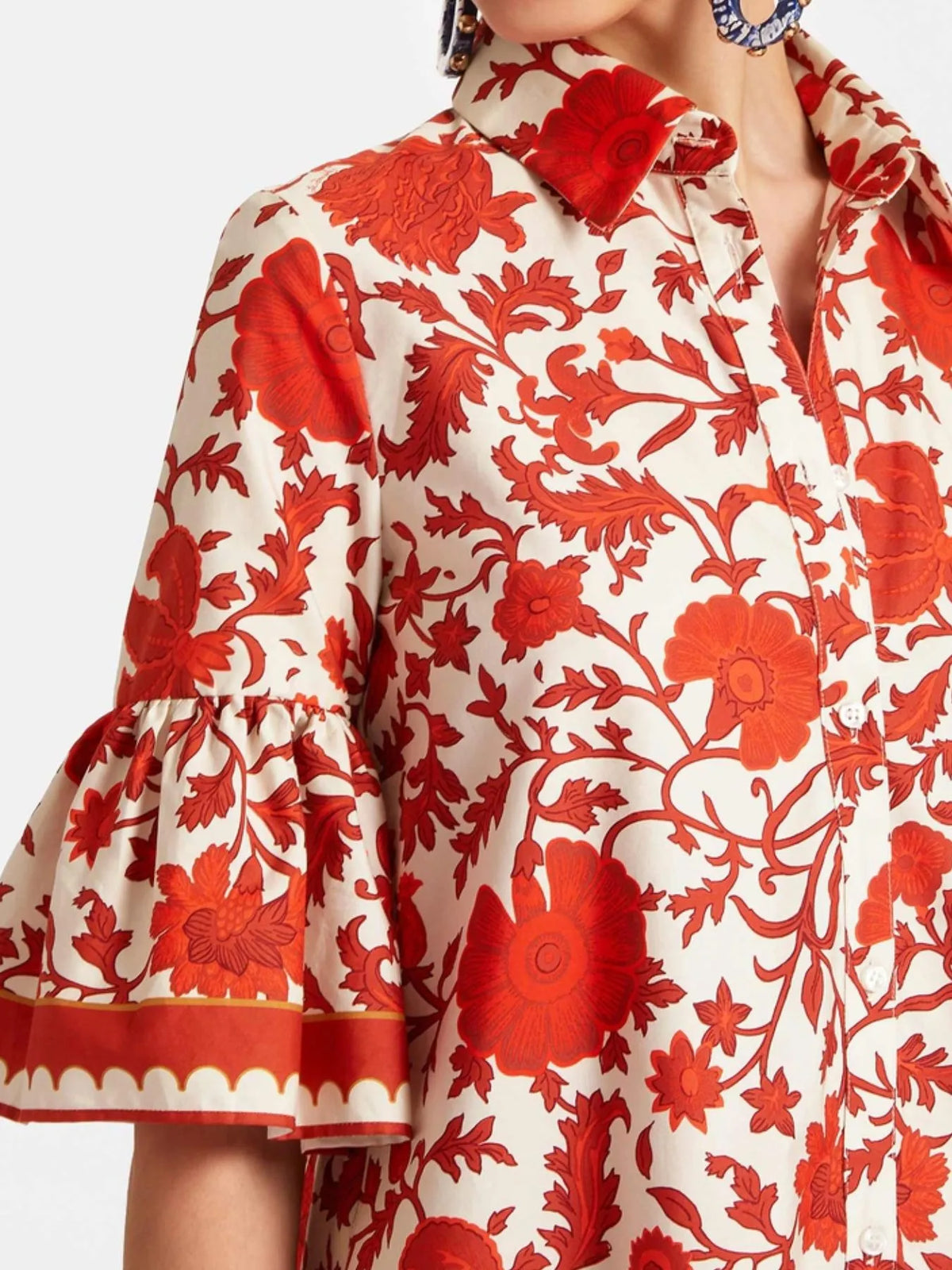 Buttoned Floral Ruffle-Sleeve Mini Dress by Rosaline