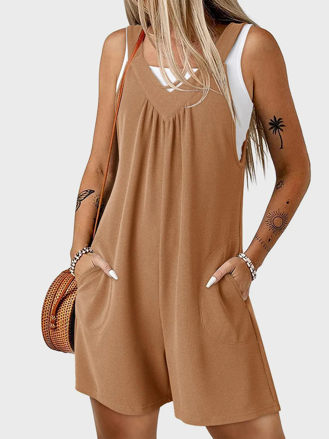 V-Neck Wide Strap Romper with Pockets