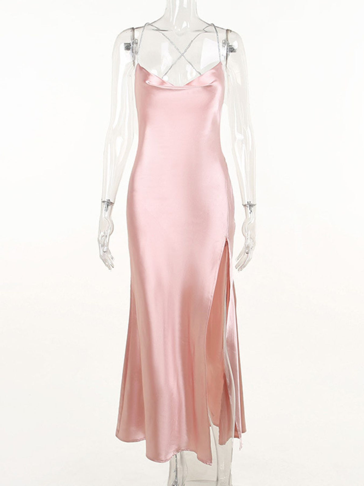 Satin Cowl Neck High-Slit Dress with Lace-Up Back