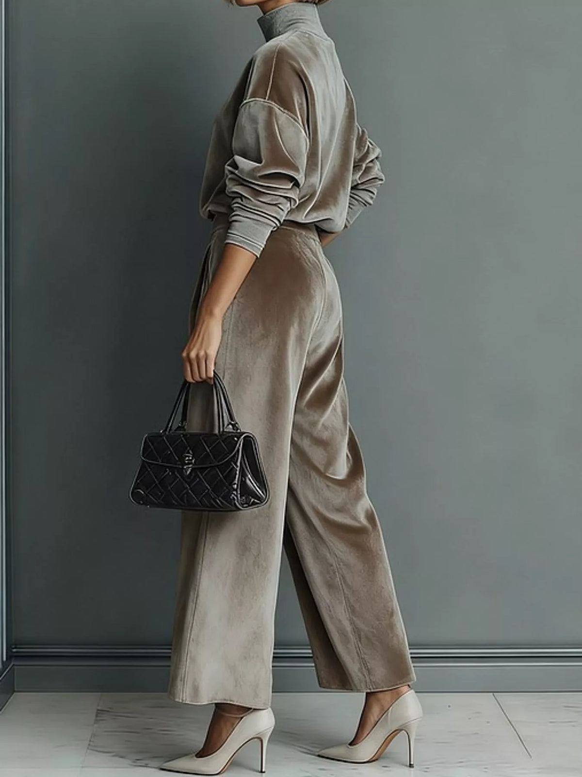 Velvet Mock Neck Top and Wide-Leg Pants Set