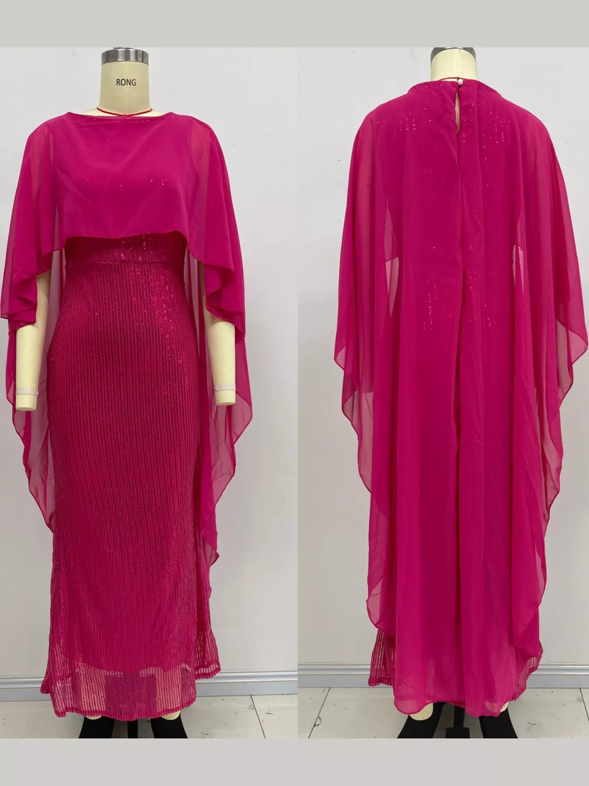 Sequin Cape-Overlay Evening Dress