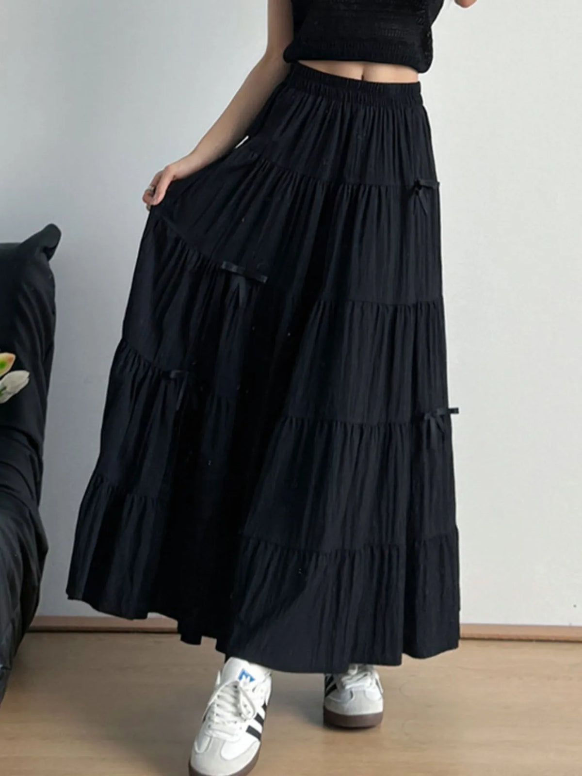 Tiered Bow Maxi Skirt with Elastic Waist