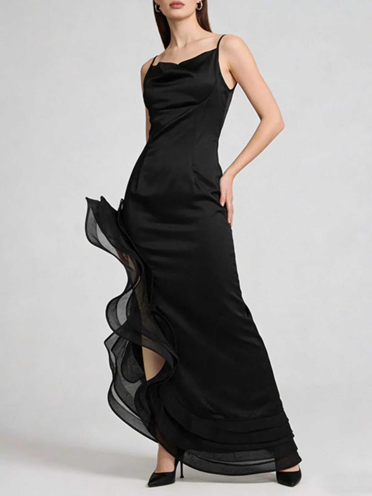 Spaghetti Strap Ruffle Slit Maxi Dress in Black