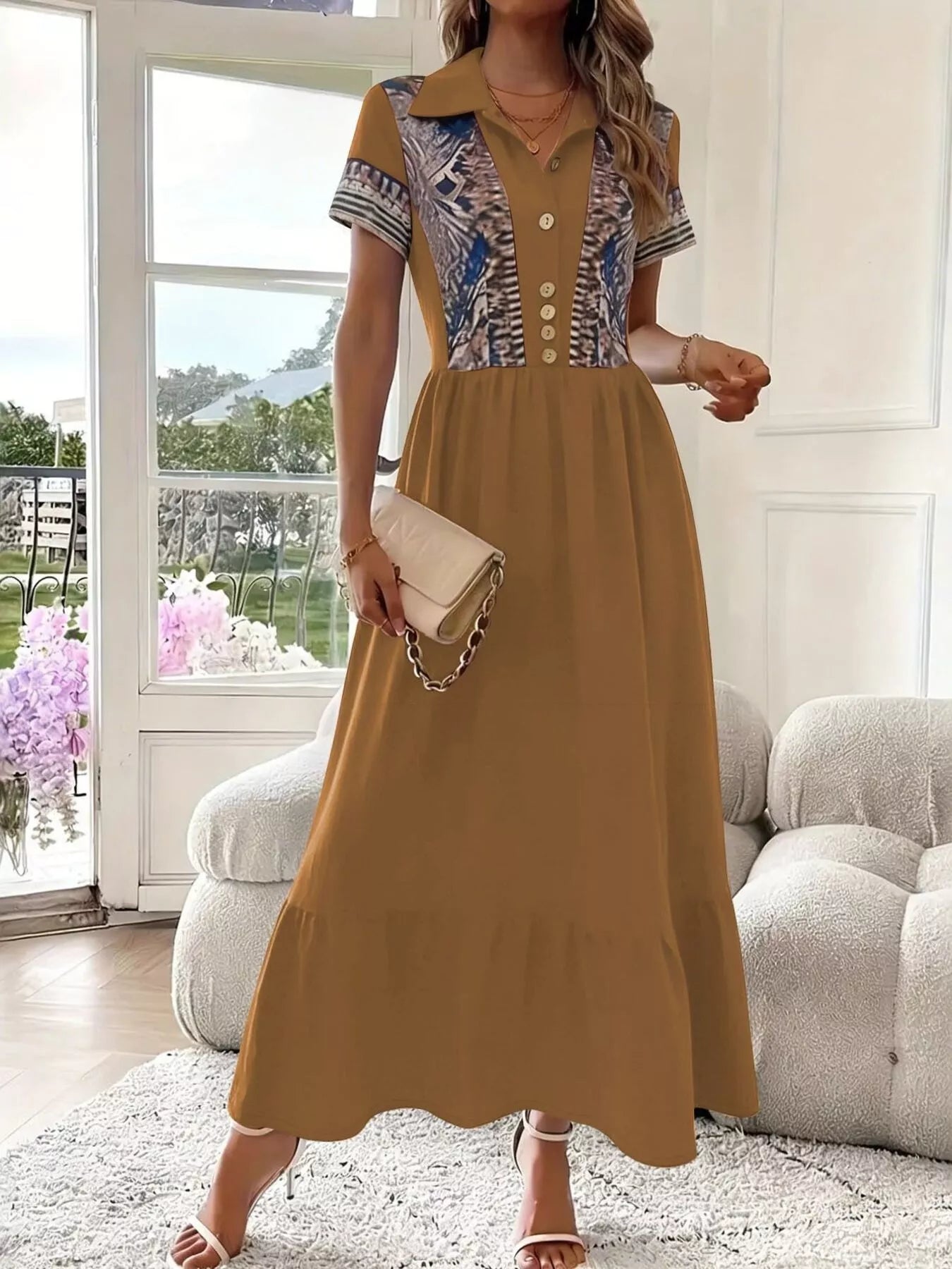 Printed Button-Front Maxi Dress