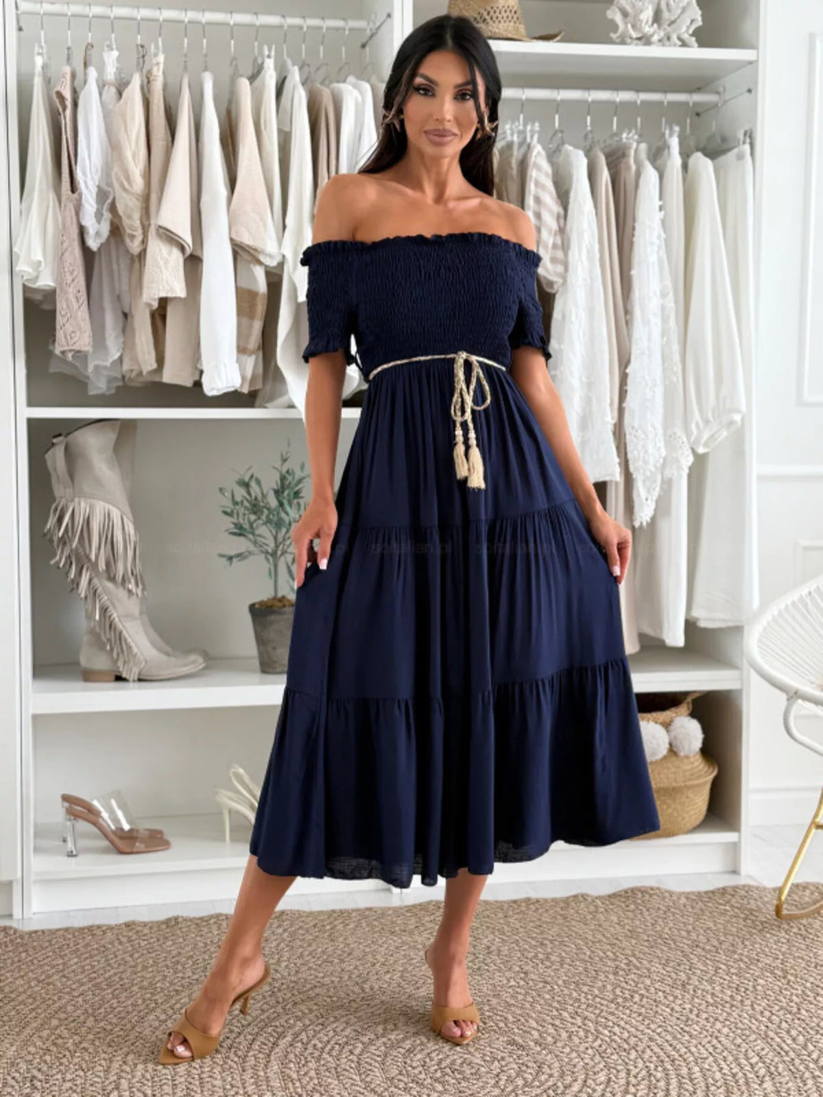 Off-Shoulder Smocked Tiered Midi Dress