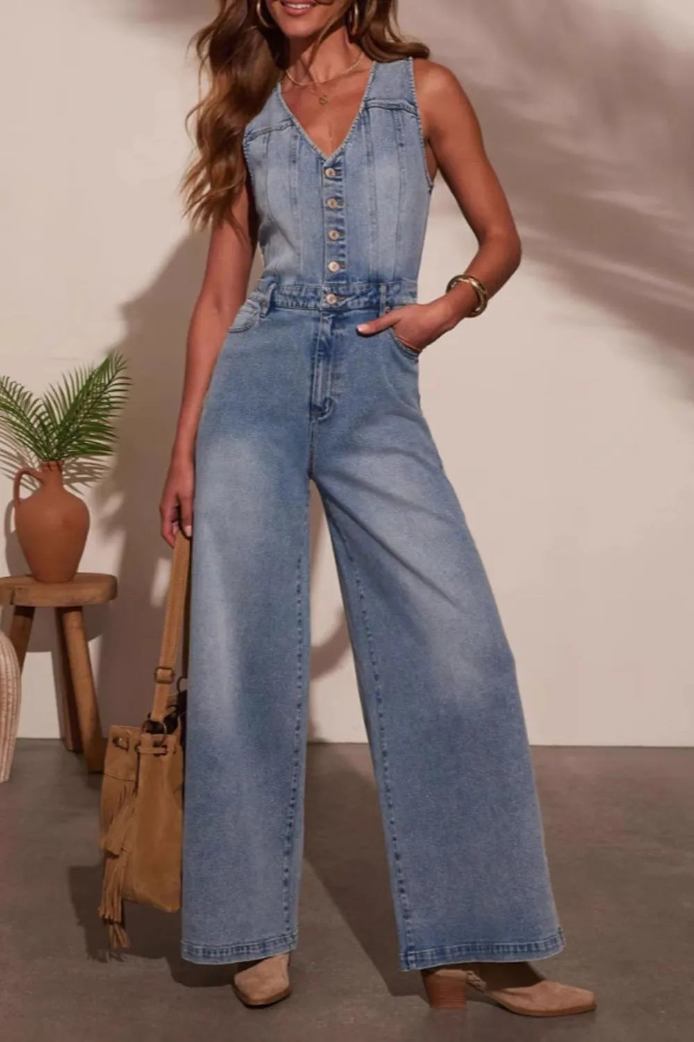 V-Neck Wide Leg Denim Jumpsuit in Medium Wash