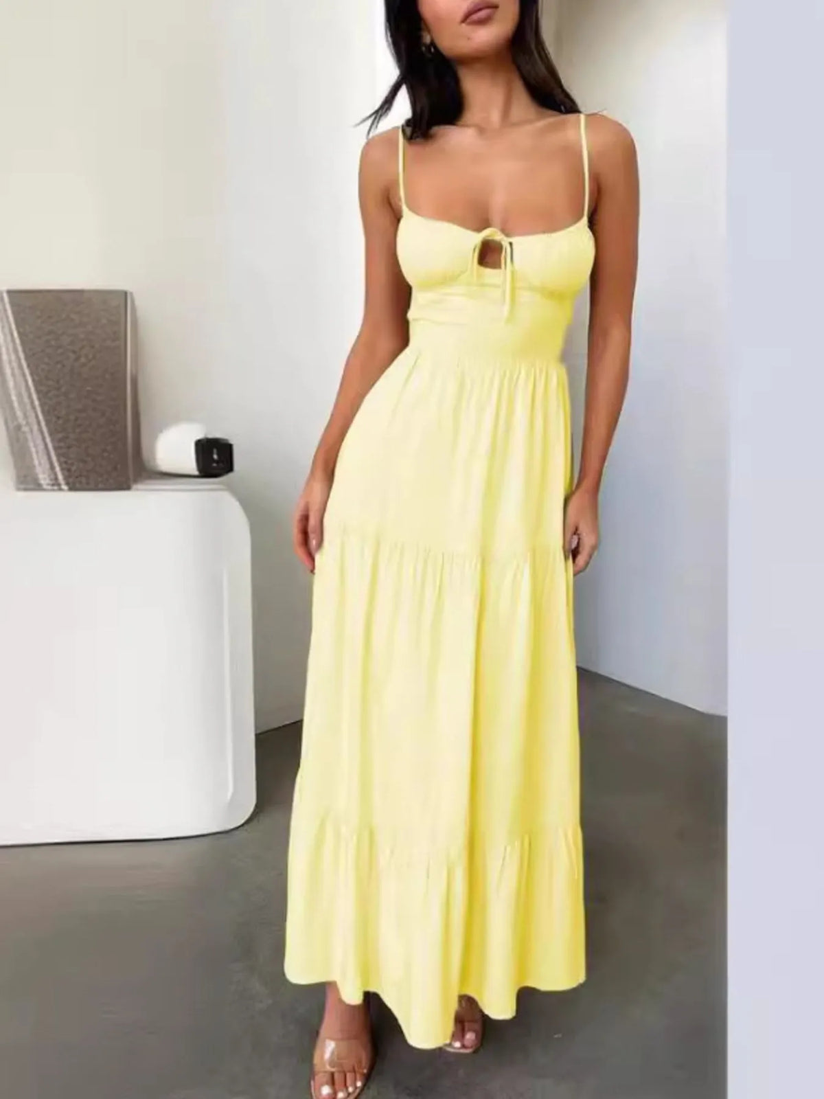 Tiered Lace-Up Spaghetti Strap Maxi Dress
