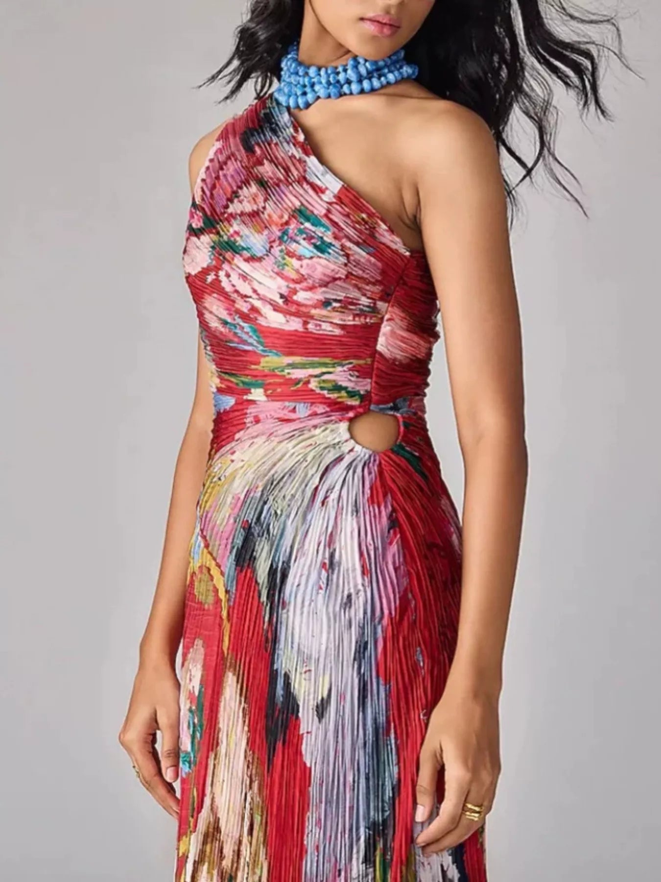 One-Shoulder Pleated Floral Maxi Dress in Red