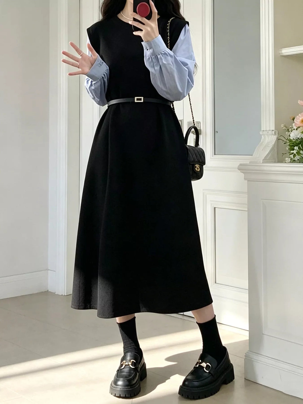 Contrast Sleeve A-Line Dress with Belt in Black