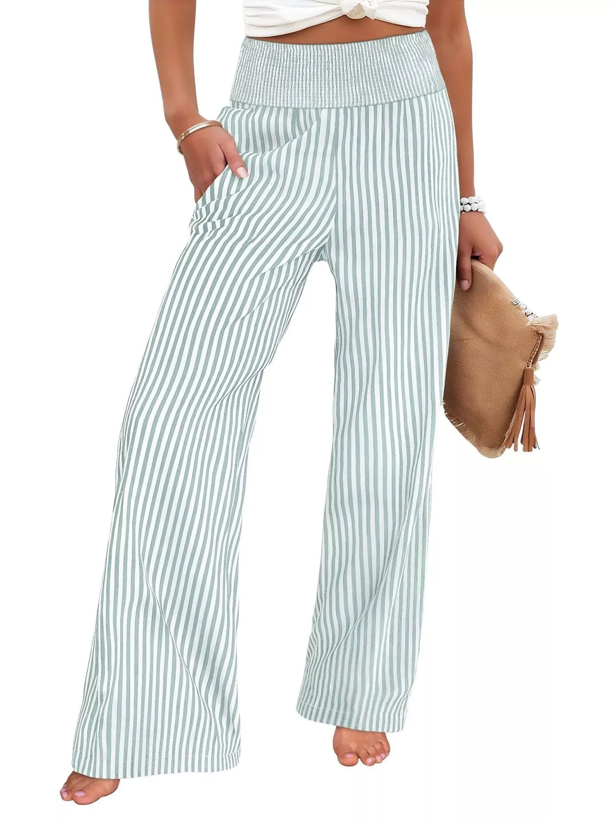 Striped Smocked Wide-Leg Pants