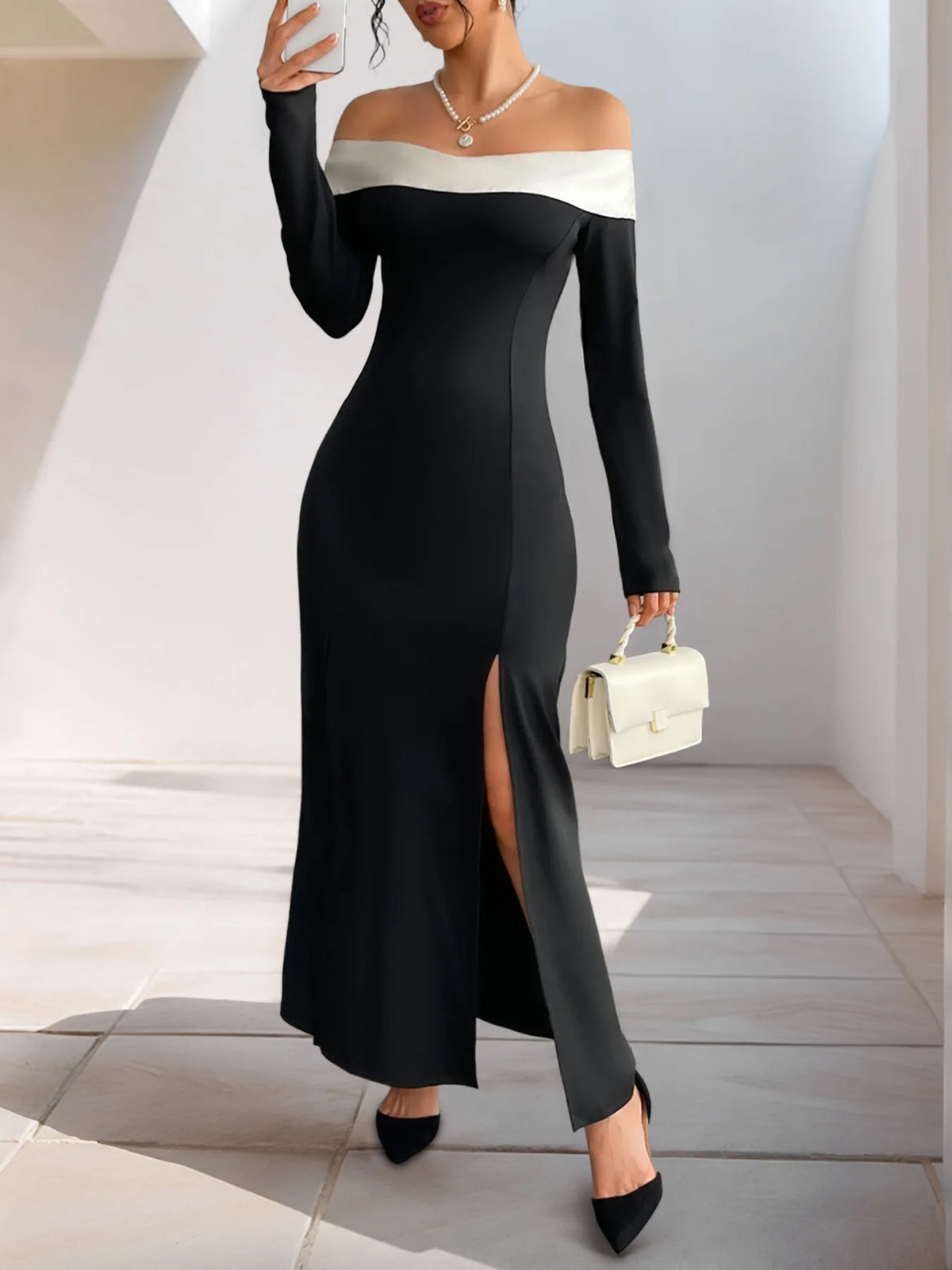 Side Slit Off-Shoulder Maxi Dress in Black