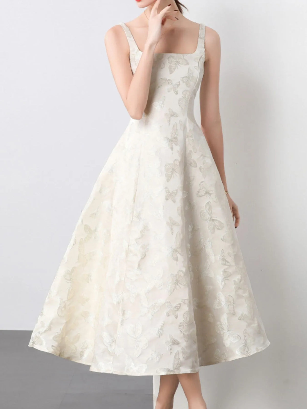 Butterfly Embroidered A-Line Midi Dress in Apricot