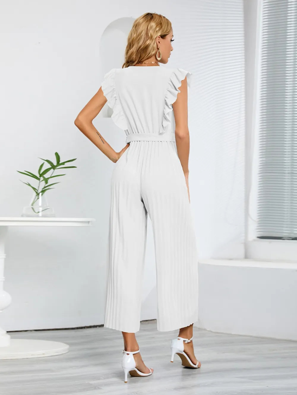 Ruffled Surplice Cap-Sleeve Jumpsuit