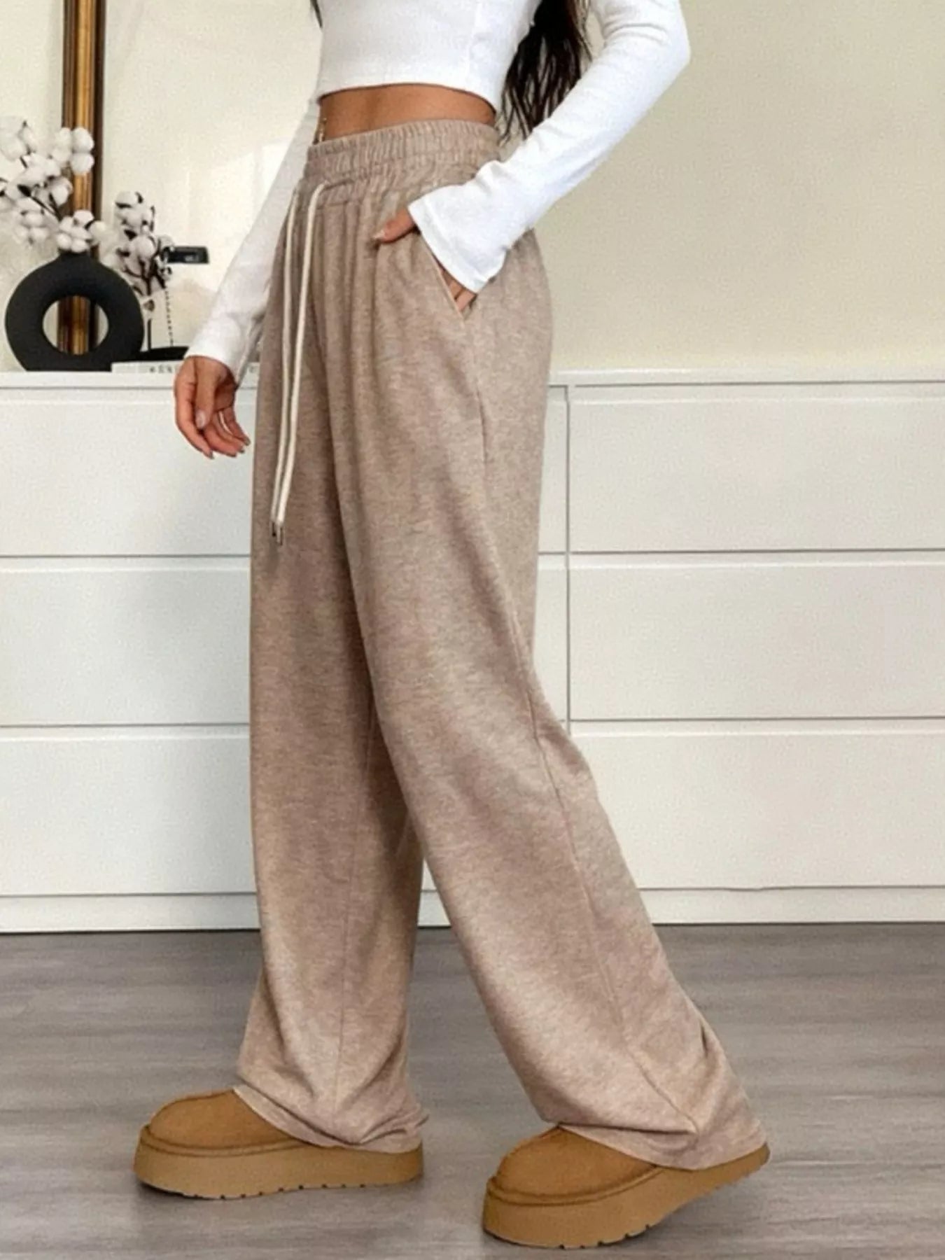 Drawstring Wide Leg Pants in Khaki